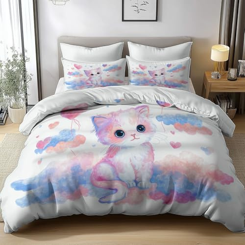 Parure de Lit 240 x 260 cm Fantaisie Animaux Chats Ballons Housse de Couette en Microfibre Ultra Douce avec taie d'oreiller, Parure de lit en Microfibre avec Fermeture éclair, Blanc