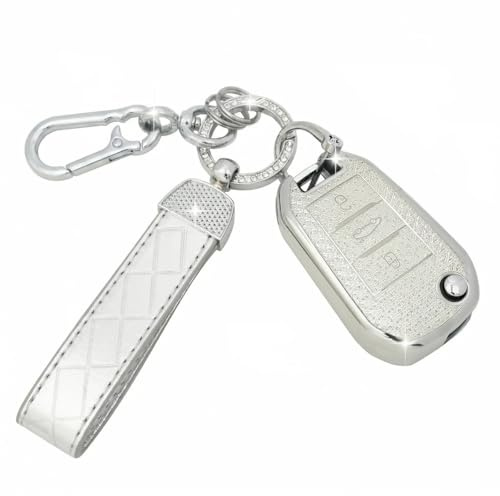 SparkleJoy Autoschlüssel Hülle mit Schlüsselanhänger Kompatibel mit Peugeot 208 308 508 2008 3008 Rifter Citroen C3 C4 Cactus Berlingo Picasso Xsara Jumpy, Schutzhülle Cover - Flip Key(Silber)