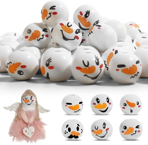 100 Stück Schneemann Holzperlen mit Gesicht 20mm (6 Designs) - Weihnachtsmann Holzkugeln Bastelset für DIY Schmuck Weihnachtliche Handwerksperlen