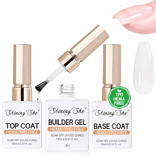 Shining She Base Coat Top Coat Gel UV & Clear Builder Gel für Nägel Set, HEMA TPO Frei uv Nagellack Aufbaugel für Gelnägel Base Top coat Set Soak-Off UV/LED für Verlängerungsgel Verstärkungsgel, 15ML