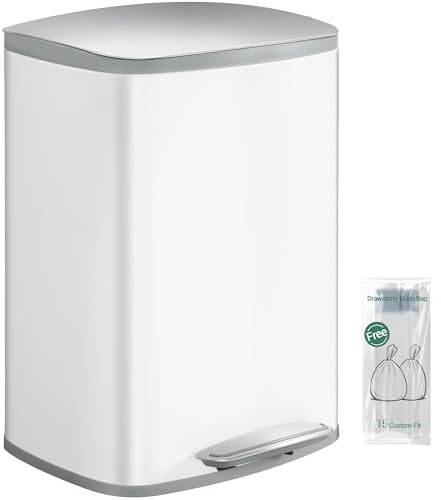 Hzuaneri Poubelle de Cuisine 50L, Poubelle à Pédale en Acier, avec Couvercle à Fermeture en Douceur, Seau Intérieur, avec 15 Sacs Poubelles, Fermeture Douce et Maintien en Ouverture, Blanc SW15099W