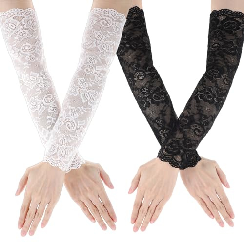 Lot de 2 paires de gants en dentelle noire - Manchettes longues pour femme - Sans doigts - En dentelle blanche - Manches longues - Fleurs - Pour banquet et opéra (noir/blanc)