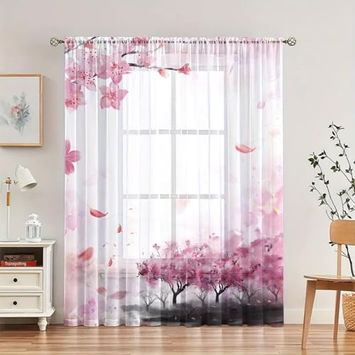 ENEN 2er Set Scheibengardinen, 3D-Blume-Blatt-Druck Halbtransparent Bistrogardine, Schlaufengardinen Gardinen Türgardine für Küche Wohnzimmer Landhaus (Rosa 1,100x130cm)