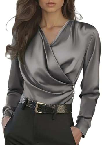 Blusa Mujer Elegante Fiesta de Satén Blusas Elegantes Raso Color Sólido Camisa Manga Larga Versátiles Oficina Top Talla Grande Boda Camiseta Cuello en V Chic Tops Suelto Seda Básico Casual