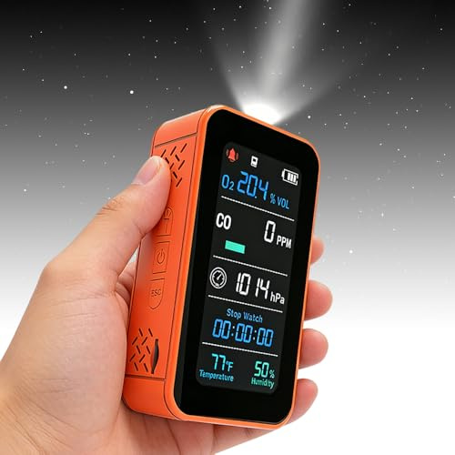 Portable O2 & CO Gas Monitor with LED Flashlight for RV & Camping – 7-in-1 Air & Weather Detector, Barometric Pressure, Temp & Humidity Monitor, Rechargeable Handheld Safety Device