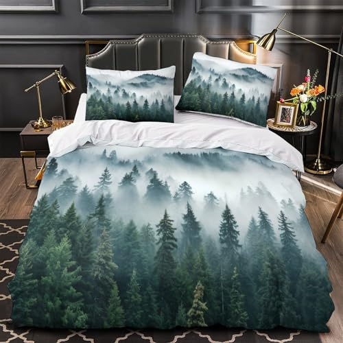 VOXYTMLWG Forêt Misty Montagne Housse de Couette 3D Imprimée Microfibre Hypoallergique 3 Pièces 2xTaies Super Douce Nature Linge de Lit Respirante Entretien Facile for Enfant Single（140x200cm）