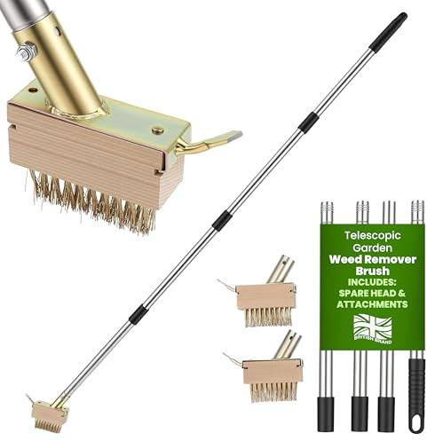 My Garden Weed Remover Brush Extends up to 160cm – Weed Brush with Copper Wire Bristles - 2X Replacement Heads - Durable Steel Handle, Perfect for Patios, Driveways, Paths, Moss & Algae Cleaning
