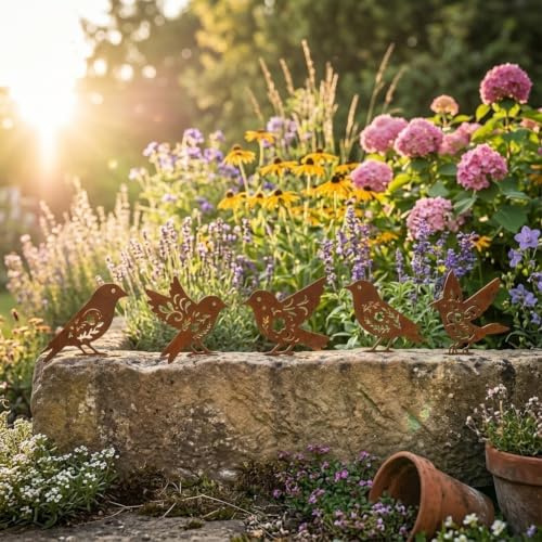 5-teilige rostige Metall-Vogelstatuen für Gartendekoration, einzigartige florale Ausschnitt-Eisen-Hof-Kunst für skurrile Schatteneffekte, wetterbeständige Outdoor-Wandornamente