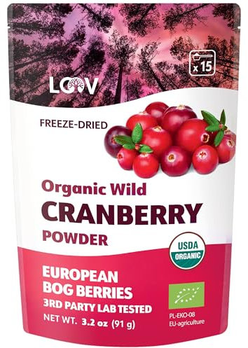 LOOV Organic Wild Cranberry en polvo, 100% fruta de arándano orgánico, liofilizada y en polvo Arándanos silvestres nórdicos sin azúcar, crudos, 90 g sin azúcar añadida