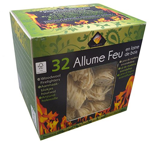 Pyrofeu Cheminett (15753-12) Lana de madera para encender fuego | Enciende-fuego ecológico para chimeneas, estufas y barbacoas de lana de madera (32 unidades)