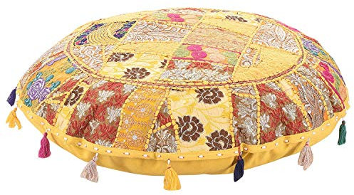ANJANIYA Wunderschöner Boho-indischer Vintage-Pouf, bestickt, rund, Patchwork-Pouf, traditionell, dekorativ, handgefertigt, Baumwolle, Ottomane, Patchwork, Fußhocker, Boden-Kissenbezug, 81,3 cm, Gelb