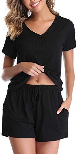 Vlazom Women's Pyjama Sets V-Neck Soft Loungewear Summer Pjs Set Cotton Short Sleeve Sleepwear with Pockets Drawstring S-XXL