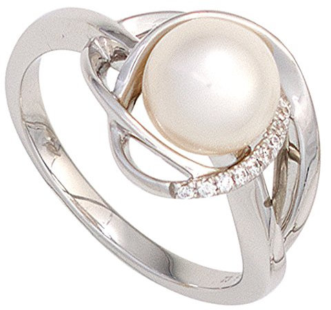 Jobo Damen-Ring aus 14 Karat 585 Weißgold 9 Diamanten und Perle Größe 52