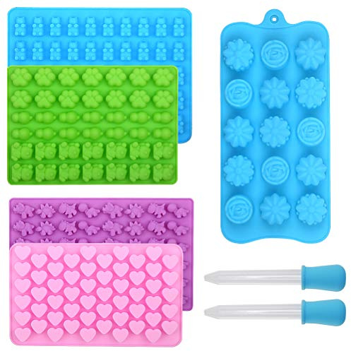 Alimat Plus Silicone Sweet Moulds with 2 Droppers, 5 Pack | Gummy Bear & Ice Cube Trays 210 Gumdrops, Cute 3D Chocolate Molds Variety Shapes