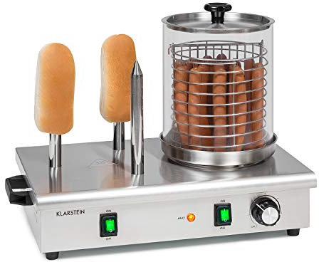 Klarstein Wurstfabrik Pro 600 Hot Dog Maker : 600W, 3 broches chauffantes, contrôle de température 30-100 °C, cylindre en verre: Ø 20 cm, cage en inox: Ø 17 cm, cuiseur de saucisses pro, argent