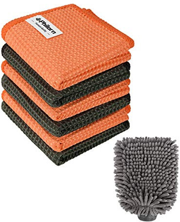PHILORN Set per la pulizia dell'auto - Guanto di lavaggio in microfibra e asciugamano per pulizia Combinazione (Orange6P+2G)