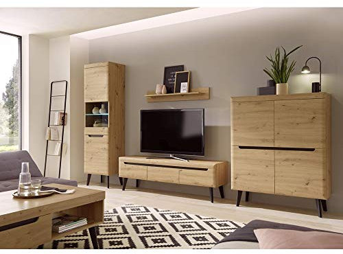 Lomadox Skandinavisches Wohnwand Set, Eiche Artisan mit schwarz, MDF-Fronten, Massivholzfüße, Standvitrine mit LED, 160cm Lowboard, Highboard, Wandregal,