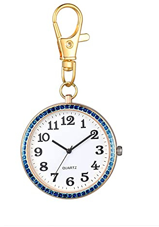 JewelryWe Taschenuhr mit Karabiner Schlüsselanhänger Quarzuhr Analog Strass Uhr für Ärzte Krankenschwestern Sanitäter Köche Gold Weiß