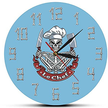 XUSANSHI Acrylic Wall Clock Skull Cook Modern Wall Clock Watch Skeleton with Chef Hat Knife Cleaver French Restaurant Kitchen Decor Chef Gift 12 Inchs