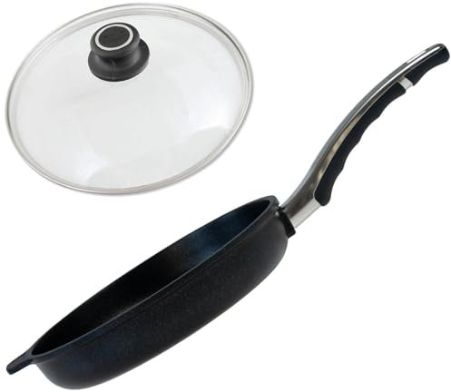 BAF Antihaft Pfanne 24 cm mit Glasdeckel - Aluminiumguss Bratpfanne antihaftbeschichtet - flacher Rand, 5 cm Höhe - nicht induktionsgeeignet - Made in Germany
