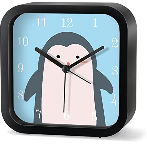 EXQULEG Kind Wecker,Kein Ticking Wecker Cartoon Niedlich Kinderwecker Rund Digital Alarm Clock für Mädchen Jungen Schulanfänger Schreibtisch Schlafzimmer Tischuhr (Schwarzer Pinguin,Quadrat)