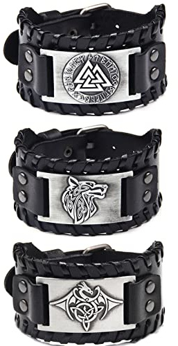 Sehaby 3 pièces bracelets en cuir viking, bracelets noirs Odin Rune, bracelets manchette en cuir tête de loup médiéval, Bracelets Dragon Celtic Knot, Bracelet Vintage en Cuir pour Femme Homme