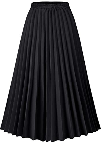 Basoteeuo Black Pleated Skirt for Women Midi Length Summer High Waisted A Line Elastic Waist Skirts L