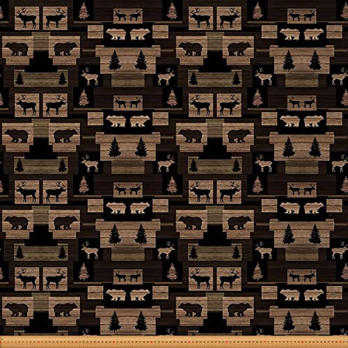 Hirsch Stoff Meterware Camper Polsterstoff Elch Bär Baum Gitter Dekorstoff Wildtier Elch Stoff für Den Innen Außenbereich Weihnachtstier Wald DIY Kunst Wasserdichter Stoff Braun Schwarz 92x150(HxB)
