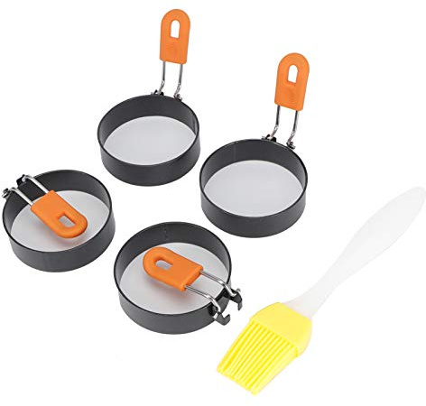 Nonstick Egg Rings Set of 4, 3.3 Inch Round Egg Ring Mold for Pancakes, Fried Eggs Breakfast Sandwiches, Stainless Steel Cooking Rings with Silicone Handle Oil Brush, Griddle Camping Grill Accessories