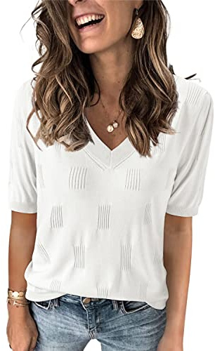 Arach&Cloz Pullover Damen Kurzarm V Ausschnitt Sommer Frühling Bluse Strickpullover Basic Oberteile Strick Tops (Off White, Large)