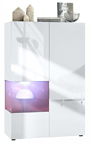 Vladon Vitrine Morena V2, Made in Germany, Standvitrine mit 2 Türen und Glaseinsatz, Korpus Weiß matt, Fronten Weiß Hochglanz, Cube Bordeaux Hochglanz inkl. LED-Beleuchtung Weiß (91,5 x 136,5 x 37 cm)