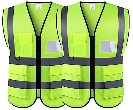 2 Pezzi Gilet di Sicurezza Antinfortunistici Alta Visibilità Giacca da lavoro riflettente ad alta visibilità manageriale Gilet Zip Brace Security Porta cellulare ID tasca
