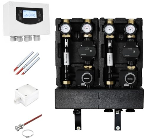 ENVIRON- Modulverteilergruppe 2x Pumpengruppe gemischt auf Verteilerbalken mit witterungsgeführter Steuerung DN25 Drei Wege Mischer Stellmotor Umwälzpumpe (Verbaute Pumpen: Environ Ecostar II 25/6)