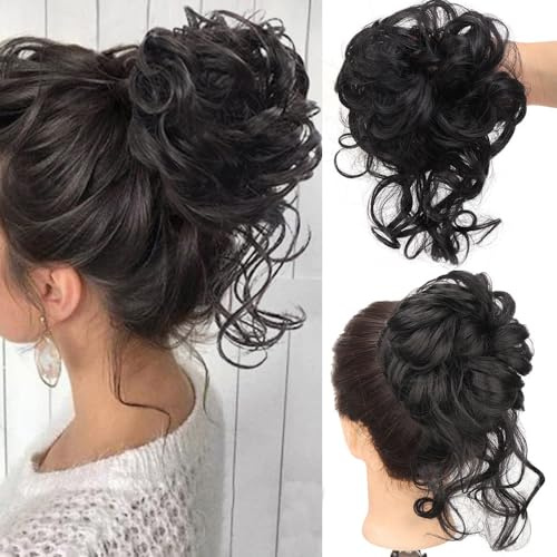 RPAEOY 2 Stück Haarteil mit Gummiband Groß Dutt Haarteil Haargummi mit Haaren Gelockt Haardutt Synthetisch Haarverlängerung Pferdeschwanz Messy Bun Haarteile für Damen Mädchen (Schwarz)