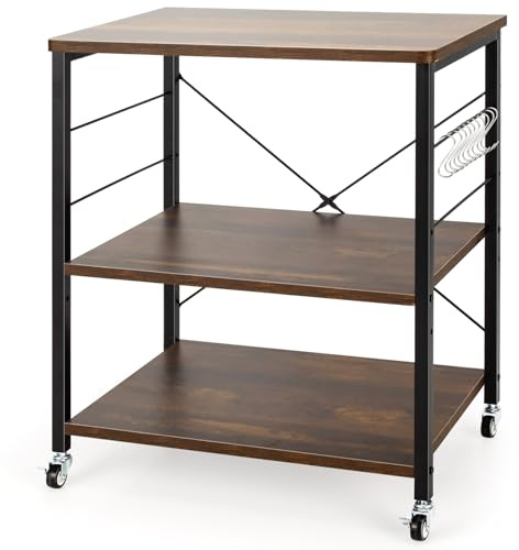 GiantexUK Kitchen Baker's Rack, 3 Tier Serving Cart Microwave Stand with Lockable Wheels & 5/10 Hooks, Rolling Storage Trolley for Home Office Living Room (Dark Brown, 2 Adjustable Shelves)