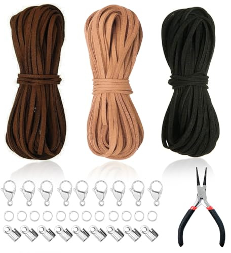 FINEASY Lederband 3mm, 30m Klassik Basteln Lederschnur, Lederbänder für Ketten und Armbänder, Verschluss inklusive