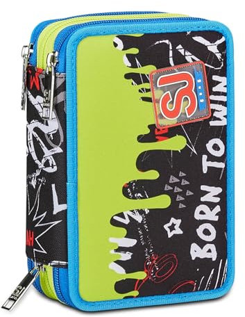 SJ Gang Astuccio Scuola 3 Zip, Verde, Born To Fun, Portapenne Triplo Scomparto Completo Di Penne, Matite, Colori, Accessori Zaino, Elementari, Medie, Bambino, 30C202403-899