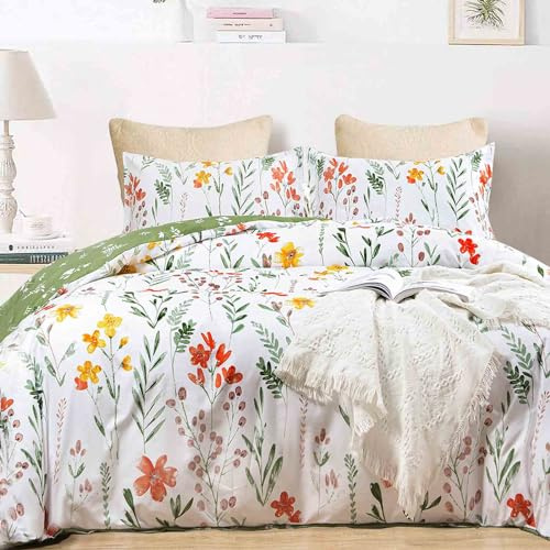 Nanko Floral Duvet Cover Queen Size, 3 Pieces Green Leaves Yellow Flowers Botanical Pattern Comforter Cover Set, Soft & Lightweight Microfiber Reversible Quilt Cover for Women 90x90 Inches, White