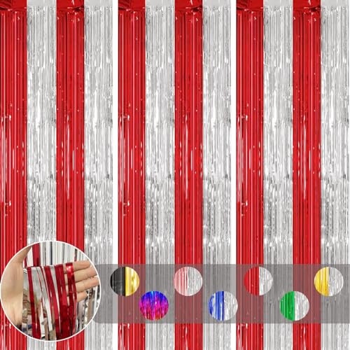 3pcs Tinsel Curtain Red Silver Glitter Foil Door Curtain Backdrop, 3.2x6.5ft Metallic Foil Fringe Streamers Shimmer Tassel Backdrop Decorations for Birthday Christmas