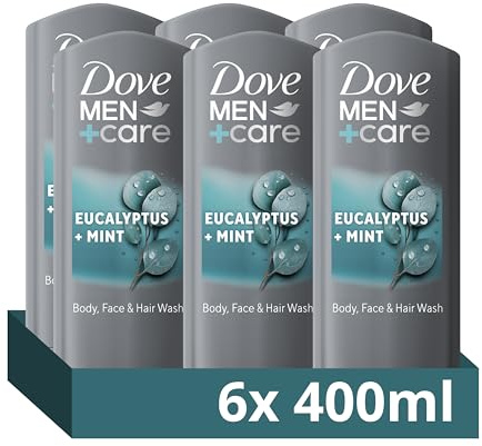 Dove Men+Care Eucalyptus + Mint 3-in-1 Hair, Face and Body Wash Body Cleanser shower gel with 24 hour nourishing MicroMoisture technology for a revitalising fragrance 6x 400 ml