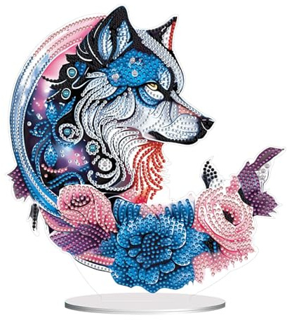 CXINLky DIY Diamond Painting Tisch Deko, 5D Diamant Painting Tiere Tischdeko, Diamant Malerei Stehend Kunst Set, Ornamente Geschenke für Anfänger Zuhause,Büro Dekoration-11-Wolf