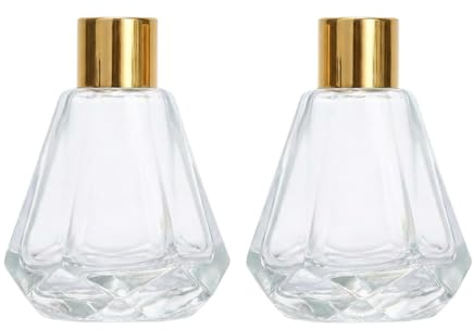 Juego de 2 frascos de vidrio vacíos con forma de diamante, difusor de fragancia de aceite esencial con tapón de goma y tapa dorada, recipiente de aromaterapia