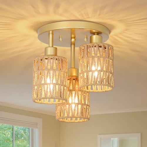 Rayofly Rattan Deckenlampe Hängend, 3-flammige Boho Deckenleuchte mit Rattan Lampenschirm, Vintage Deckenlampe Bambus, Modern Deckenleuchte Wohnzimmer, Gold Korb Lampe für Schlafzimmer, Küche, Flur