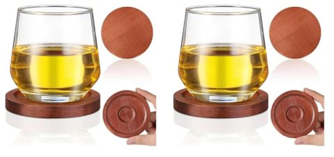 Amosfun Dessous De Verre Rotatifs Ronds pour Verres À Whisky Lot De 4 sous-Verres en Bois Antidérapants Protection De Table pour Bar Maison Et Bureau