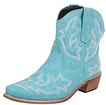 Blue,41,OTMYIGO Damankelstövlar Cowboyboots broderi Walking Boots Westernstövlar med spetsig tå, korta stövlar i retrostil