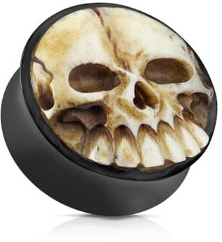 beyoutifulthings Ohr-Plug 3D Knochen-Schädel Büffel-Horn Braun Ohr-Piercing Ohr-Schmuck Tunnel Double Flare Sattel-Verschluss 8-25mm