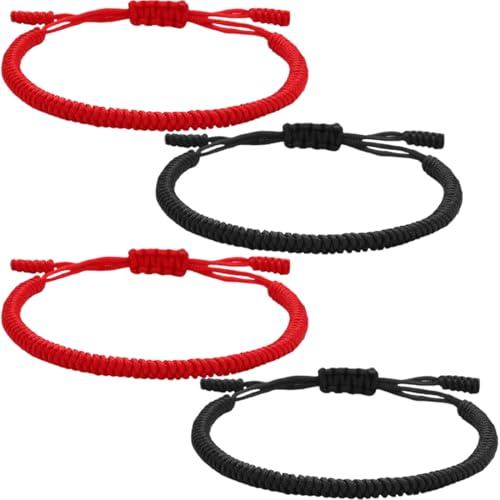Tibetan lucky bracelets, 4 Pieces Handmade Bracelets, Handcrafted Rope Woven Chakra Wristband, Tibetan Good Luck String Armband, Adjustable to your wrist, for Women, Men, Teens, Red, Black