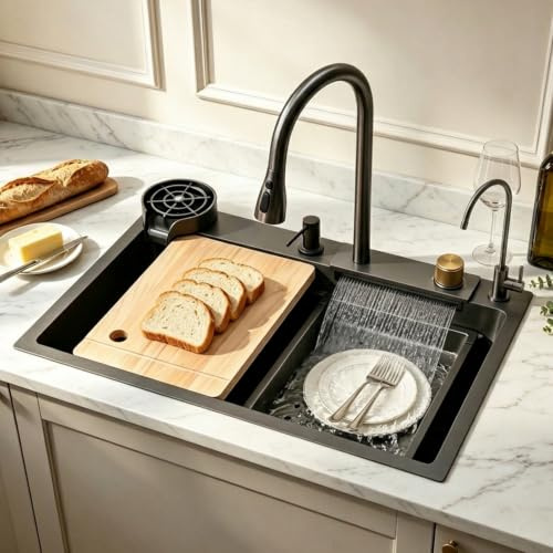 DSMRLEOP Spülbecken, 80x45cm schwarz waschbecken küche, 1 Becken Multifunktionale Spüle Küche Edelstahl Rechteck mit Zubehör wie spüle mit armatur set Abflusskörbe, Siphon, Über- und Ablauf-Set