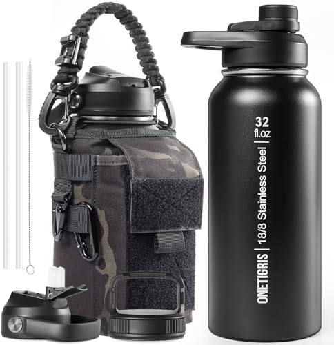 OneTigris Edelstahl Trinkflasche, Wasserflasche 0,9L Hohe Kapazität, Sportflasche mit gute Isolationswirkung für Fahrrad, Camping, Yoga, Gym, Softair, Camo Schwarz, 32OZ