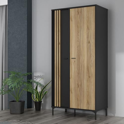 Forte JOAKIMIS Kleiderschrank 92, 2-türiger Drehtürenschrank mit Lamellendetails und Einlegeböden, Holzwerkstoff, Mauvella Eiche/Schwarz, 92 cm breit, 198,2 cm hoch, 52,2 cm tief